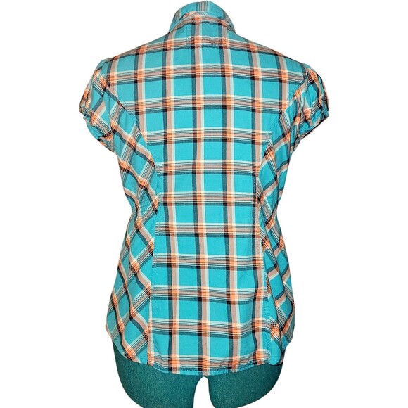 Guess shirt women's button-up Plaid Green, orange short-sleeved top Form-fitting - Picture 7 of 7